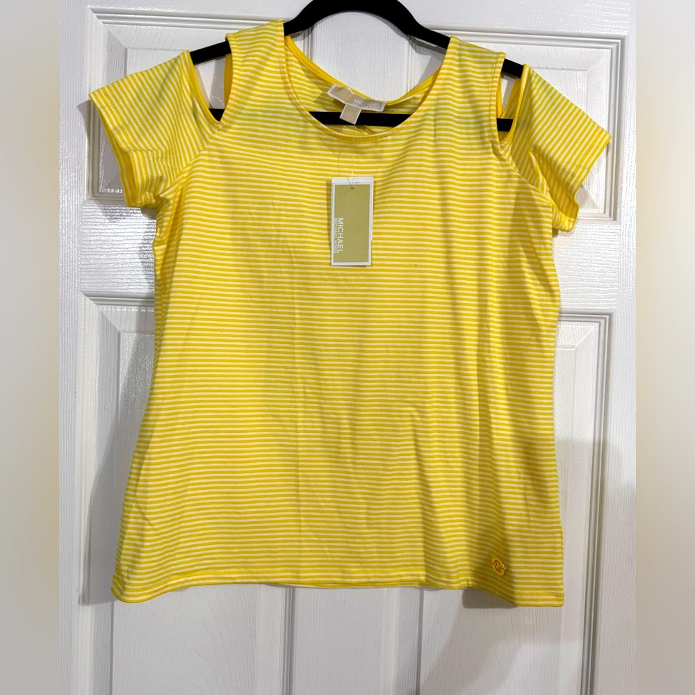 NWT MICHAEL KORS VIBRANT YELLOW STRIPED COLD SHOULDER TOP LARGE